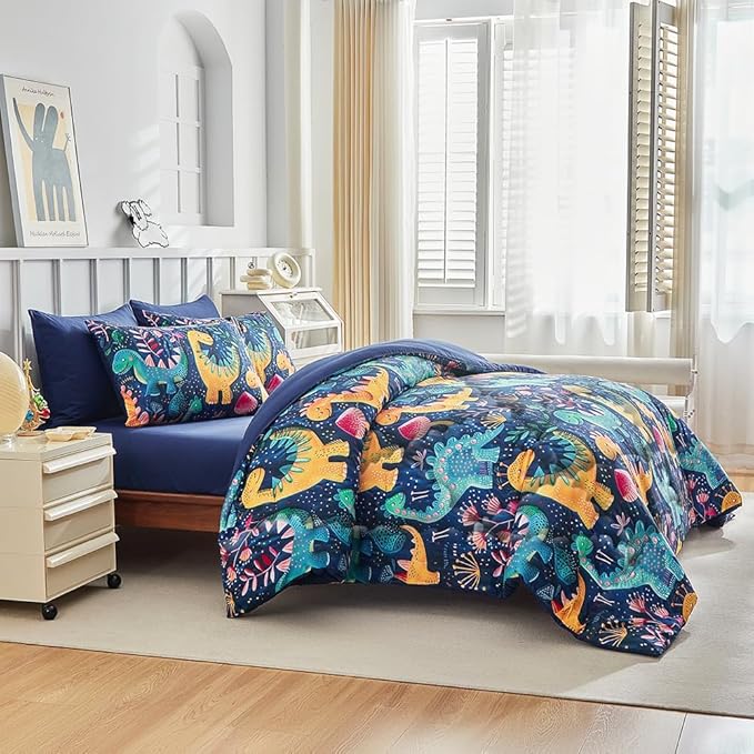 Wajade 7 Piece Dinosaur Comforter Set for Boys 3D Blue Dinosaur Print Bedding Set for Kids Teens Bed in A Bag Full Size (1 Comforter, 1 Flat Sheet, 1 Fitted Sheet, 2 Pillowcase and 2 Pillow Sham)