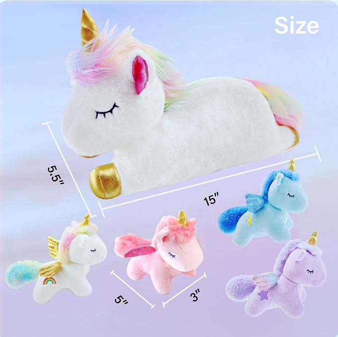 Unicorn Stuffed Animal,Cute Unicorn Mommy Stuffed Animal with 4 Baby Unicorns Plush in Tummy,Kawaii Unicorn Plush Toy Gift for Kids Girls Boys