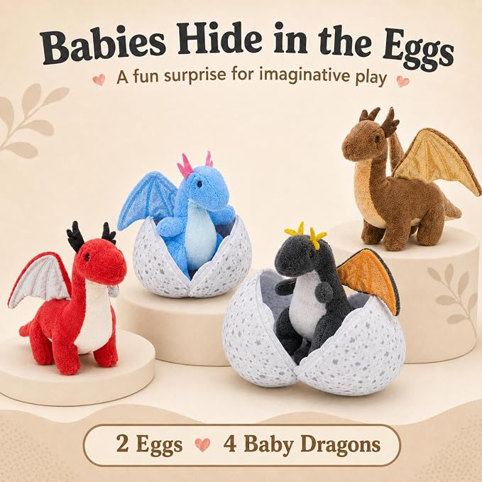 7Pcs Gray Dragon Plush Toy Set, Mother Flying Dinosaur Stuffed Animal with 4 Baby Dragon & 2 Eggs Inside, Dinosaur Stuffed Toy for Kids, Christmas Birthday Children's Day Gift for Boys Girls