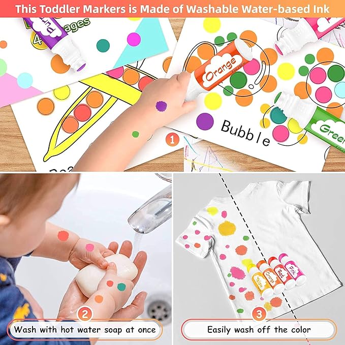Soucolor 20-Pack 10 Colors Washable Bingo Paint Daubers Markers for Toddlers Kids Preschool, Dot Markers Set with 48 Pages Tearable Activity Book for Toddler Arts and Crafts Kits Supplies