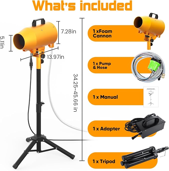 1000W Foam Machine for Foam Party, 3–5m Spray Distance Foam Cannon, Iron Barrel Body, Waterproof Control Box, Water Pump, 4-Position Adjustable Tripod Stand, AC110V Outdoor Foam Maker
