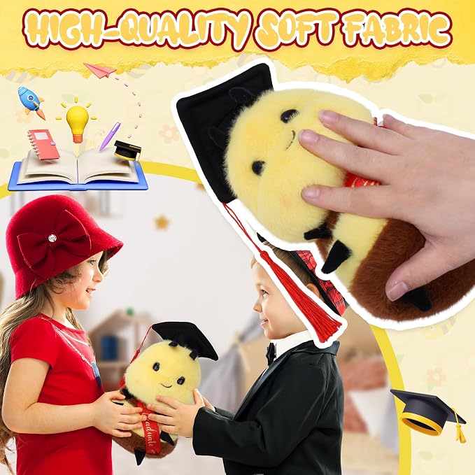 Chubby Smiling Bee Plush Toy with Doctoral Cap - Adorable Graduation - Inspired Stuffed Animal, Perfect Graduation Gift for Students (8 Inch)