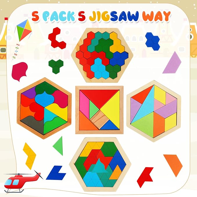 Jerify 5 Pack Wooden Tangram Puzzle for Kids Wooden Hexagon Puzzle Block Teaser Geometric Shapes Tangram Games for Boys Girls Toddler 1-3 Jigsaw 3D Logic IQ Game Gift