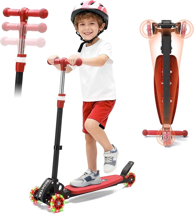 Scooters for Kids 6-8 8-12, Folding 3 Lighted Wheels Kick Scooter,3 Adjustable Height Handlebars, Lean-to-Steer,Widen Anti-Slip Deck, Heavy Duty Scooter for Boys Girls Ages 6-12,up to 170 Lbs