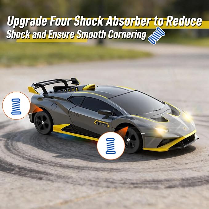 YONCHER RC Drift Car, Remote Control Car for Kids Lamborghini Officially Licensed, 1:24 20KM/H 4WD RC Cars with Lights, Fast Racing Toy Car for Boys Girls, Gray