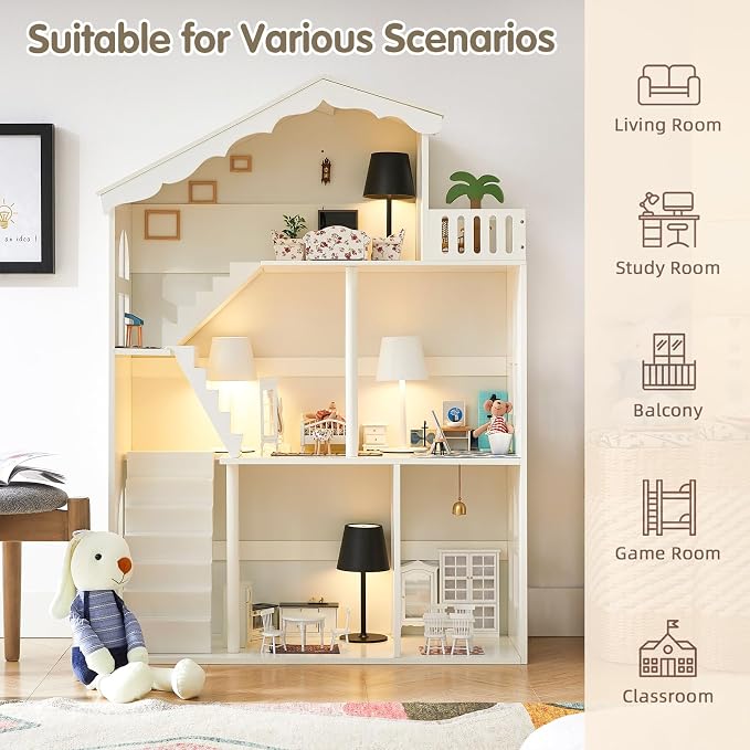 Wooden Dollhouse Bookshelf - Toddler Doll House Bookcase, Extra Space Kids Toy Storage Book Shelf, 3-Tier Children Dollhouse, Pretend Play Toy House (Traditional Angled Roof)