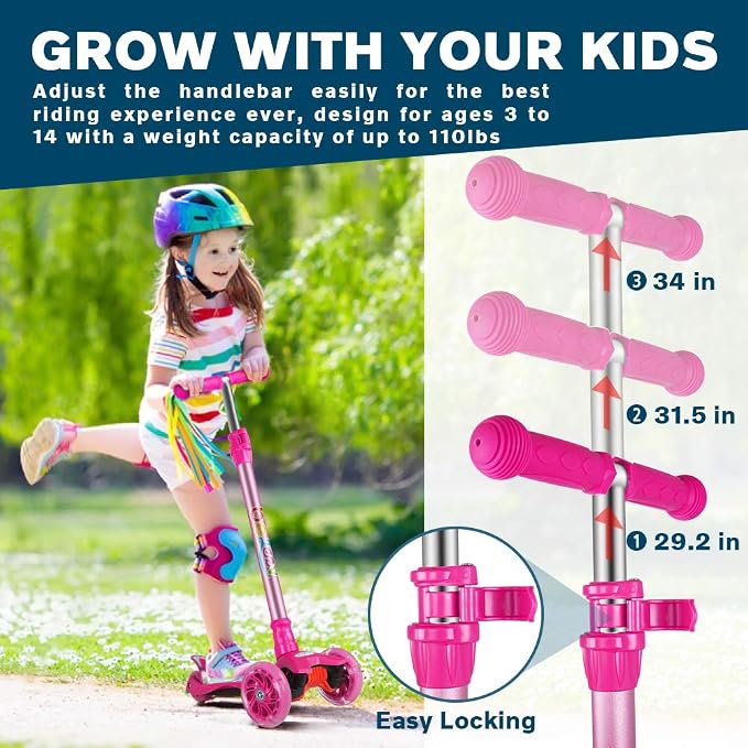 BELEEV Scooters for Kids 3 Wheel Kick Scooter for Toddlers Girls Boys, 4 Adjustable Height, Lean to Steer, Light up Wheels, Extra-Wide Deck, Easy to Assemble for Children Ages 3-12