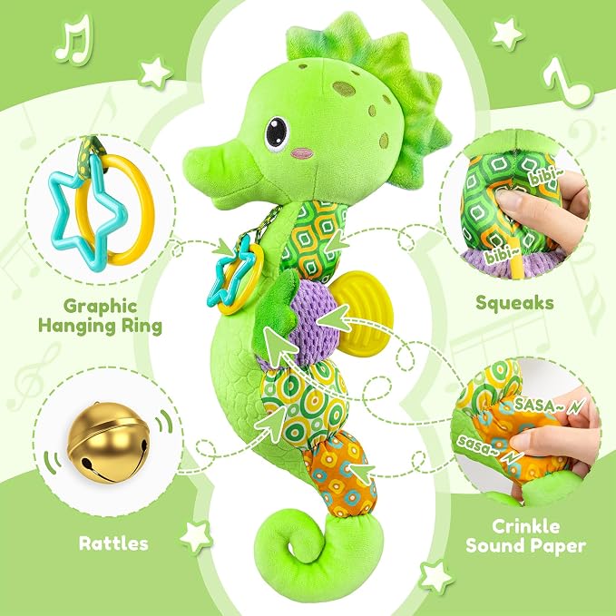 Awotoy Baby Toys 0 to 12 Months, Musical Stuffed Animal Activity Soft Toys with Multi-Sensory Crinkle, Rattle and Textures, Infant Tummy Time Toys for Newborn Boys Girls, Seahorse, Green