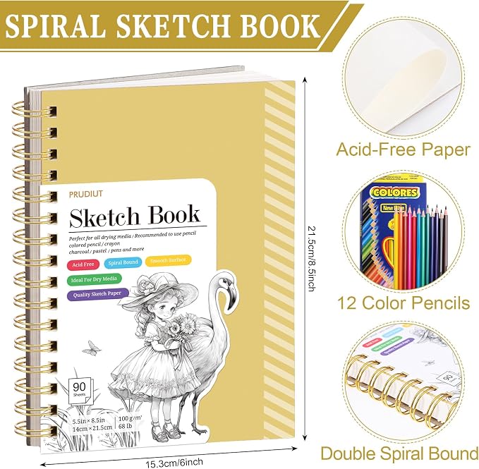 Sketch Book with 12 Color Pencil Set, 90 Sheets Spiral Sketchbook for Drawing (68lb/100gsm), Acid-Free Sketch Pad for Artist, Art Paper Drawing Supplies for Gifts(Yellow)
