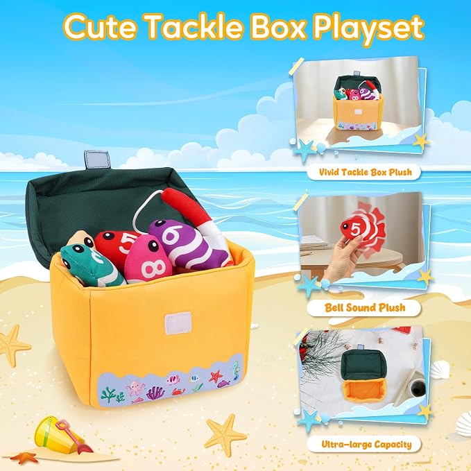 My First Tackle Box Plush, Baby Fishing Toy Plushy with 10 Pcs Tool Plushies for Toddlers, First Birthday Gifts for Boys Girls