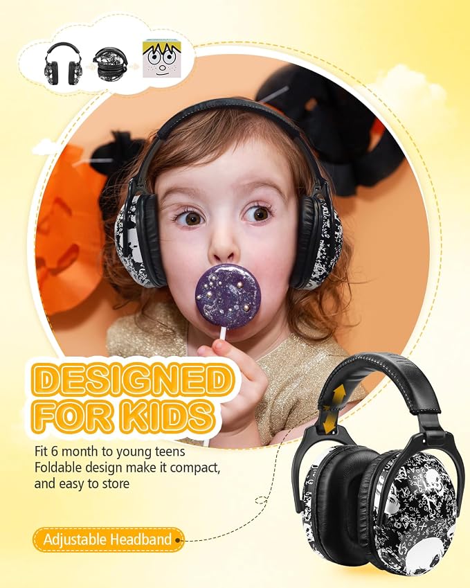 ZOHAN Kids Ear Protection 2 Pack, Hearing Protection Safety Ear Muffs for Children Have Sensory Issues, Adjustable Noise Reduction Earmuffs for Concerts, Fireworks, Air Shows(Nebula&SKULL)