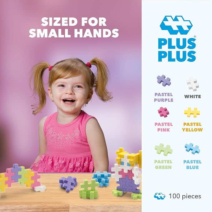Plus Plus Big - 100 Piece Pastel Color Mix - Interlocking Large Puzzle Building Blocks, Quiet Stem Toys for Toddlers - Gifts for Boys & Girls
