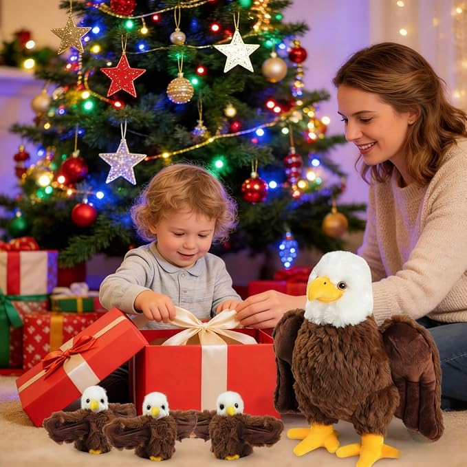 4 Pcs Bald Eagle Stuffed Animal Set 14 Inch Mommy Stuffed Eagle Plush Toy with 3 Babies, Zipper Bald Eagle Toy with Baby Eagles Plushies for Kids Boys Girls Birthday Christmas Birders Zoo Plush Gifts