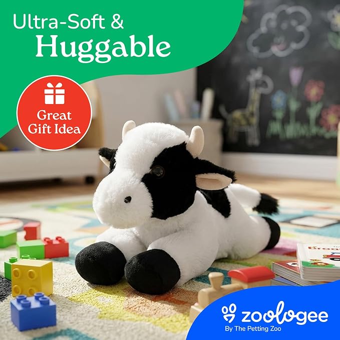 The Petting Zoo Cow Stuffed Animal Plushie, Gifts for Kids, Scoopz Wildlife Animals, White Cow Plush Toy, 8 inches