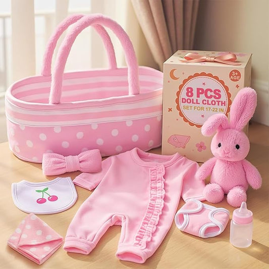 BABESIDE 8 PCS Baby Doll Accessories Set for 17-22 Inch Dolls, Doll Clothes Outfit with Bassinet, Bunny Toy, Bottle, Diaper & Bib
