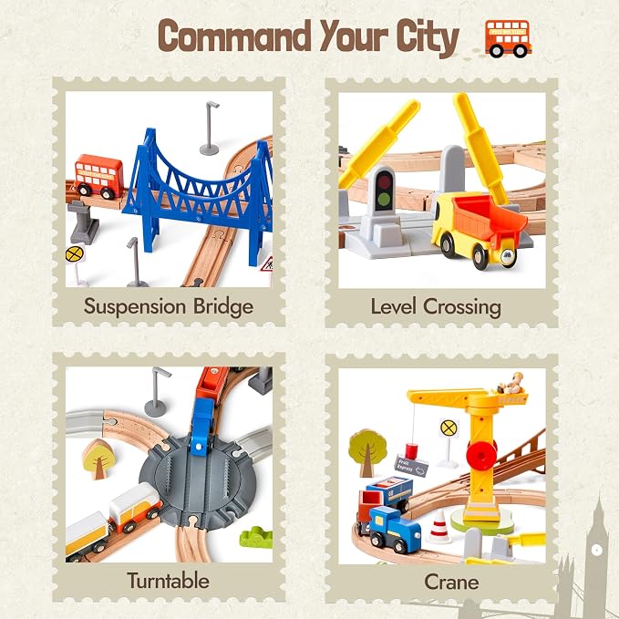 94pcs Wooden Train Set, Modern City Adventure Railway Track for Kids with Bridge, Tunnel, Crane, Town Buildings, Compatible with Most Brand, Christmas Toy Gift for Boys Girls Age 3-8