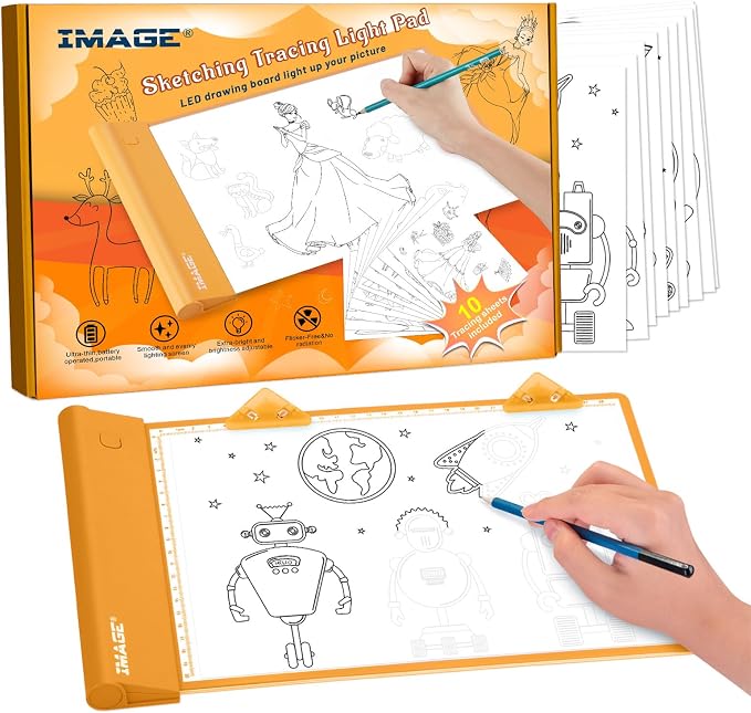 IMAGE Light Up Tracing Pad for Kids Drawing Tablet Board Children Portable Art Christmas Gift for Boys Girls Ages 6+ (Includes 10 Traceable Sheets and Two Clips), Durable & Fun Creative Toy(Orange)