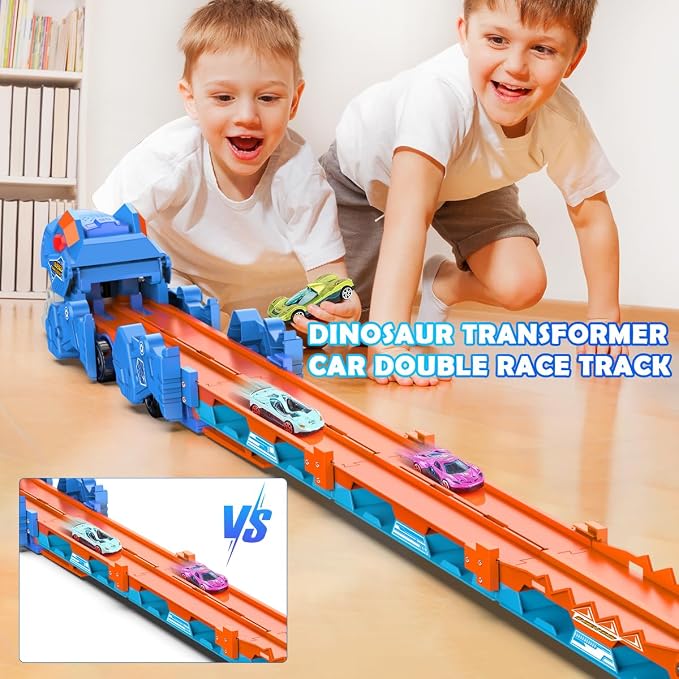 VATOS Toddler Truck Toy - Ejection Folding Dinosaur Track, Portable Truck Car with 8 Race Cars, Best Gift Toy Cars Set for Toddlers 3 4 5 6 7 Years Old