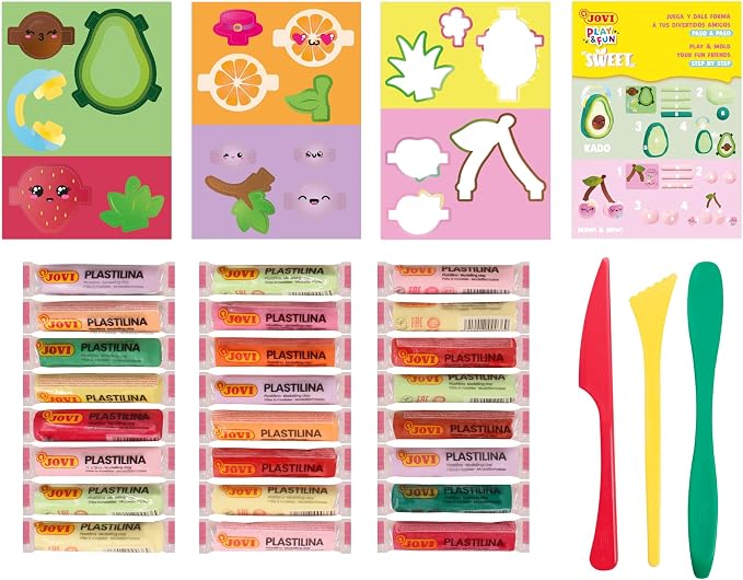 Jovi - Play&Fun Sweet, Fruit Character kit for Children with Modeling Clay | Includes Cutouts, 24 Non-Drying Clay Sticks and Tools to Create Fruit Characters, DIY Art for Kids