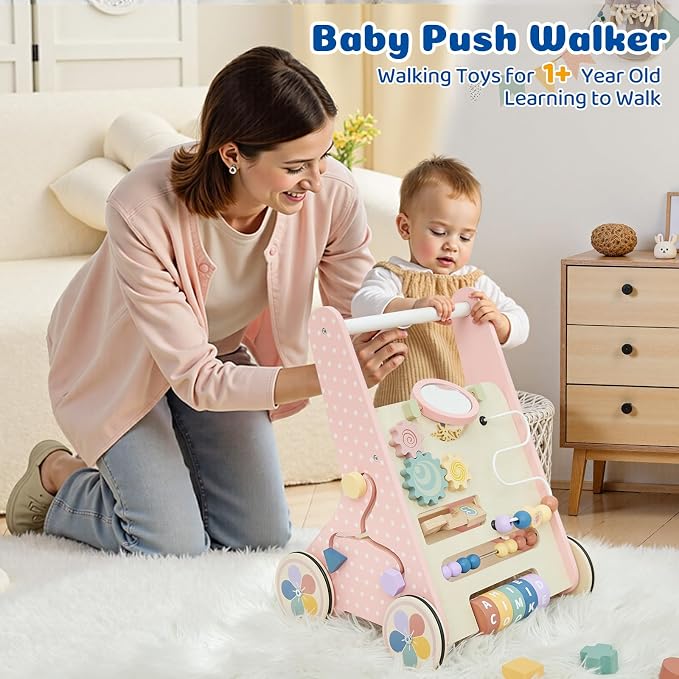 Wooden Baby Walker with Wheels, Montessori Push Walker | Adjustable-speed wooden baby walker with Montessori activities and rubber wheels for safe learning to walk.
