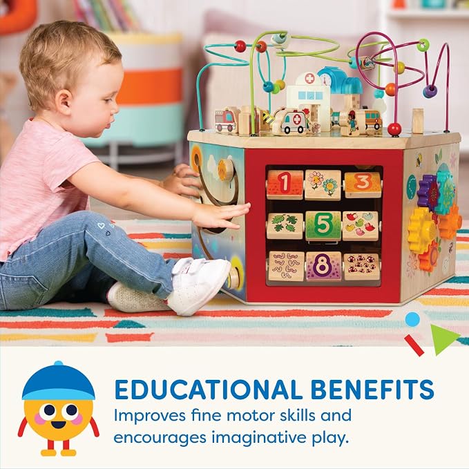 Battat – Wooden Activity Cube – CurioCity – Themed Activity Center – Educational Toys – Wooden Toys for Toddlers and Kids – 1 Year +