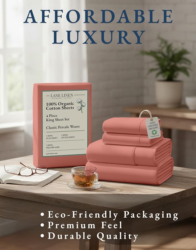 LANE LINEN 100% Organic Cotton Fully Elasticized King Sheet Set, Low Pilling Fade Resistant Machine Washable Naturally Cooling King Bedding Set, Mercerized Soft & Comfy Cotton Sheets – Rose Dawn | King Sheet Set, 100% Organic Cotton Percale - Crisp Hot...