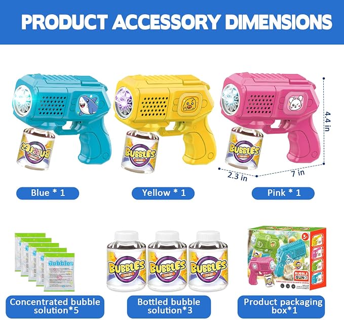 Bubble Guns with Bubble Solution- 3 Pack, Bubbles Gun, Blaster, Blower, Maker, Machine for Boys Girls, Birthday Gifts for Ages 3 4 5 6 7 8 Year Old Kid, Outdoor Toys for Toddlers, Party, Wedding