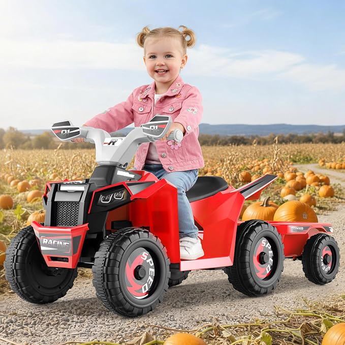 OLAKIDS 6V Kids ATV with Removable Trailer, Forward Backward Function, Widened & Wear-Resistant Wheels, Ride On Toy for Toddlers (Red)