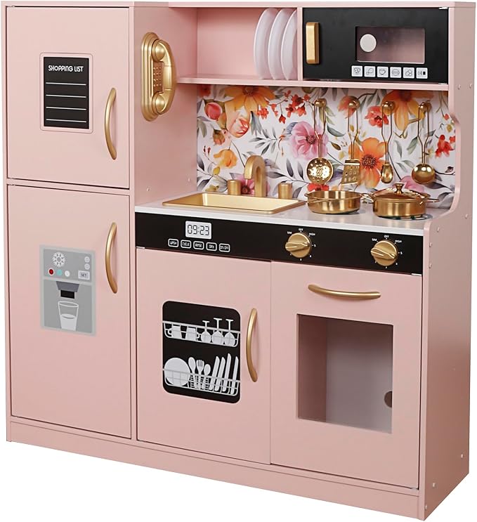 TOUCH US Wooden Play Kitchen Toy Set with Light, Kids Children Pretend Toy Kitchen Playset, Sink Play Toy Oven with Microwave,Toddler Cooking Set Toy for Ages 3+Baby Girls Boys (Pink)