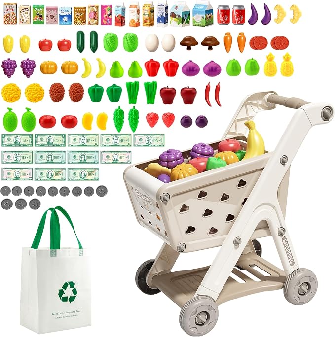Jovow 102pcs Kids Shopping Cart Trolley Play Set with Pretend Food and Accessories,Perfect for Ages 3+ Pretend Play and Role-Playing Games（Khaki）