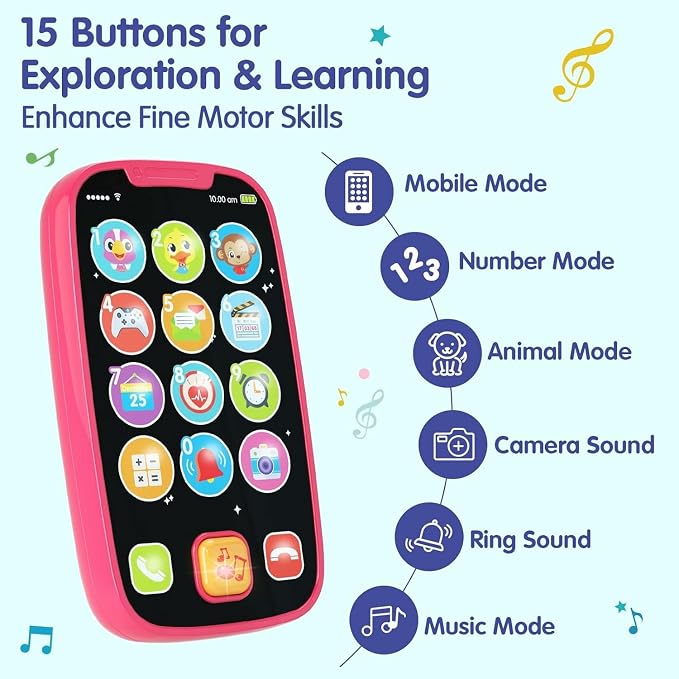 Toys for 1 Year Old Girl Gifts, 15 Functions Phone Toddler Girl, Learning Baby Toys 12-18 Months, Kids Cell Phone Easter Basket Stuffers - Pink