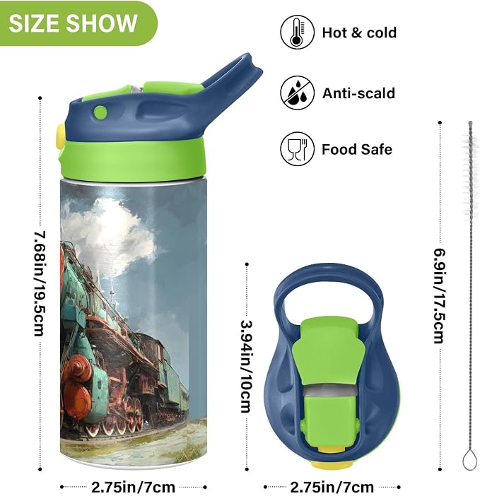 Boccsty Locomotive Train Kids Water Bottle with Straw Lid Insulated Stainless Steel Reusable Tumbler for Boys Girls Toddlers 12 oz Green