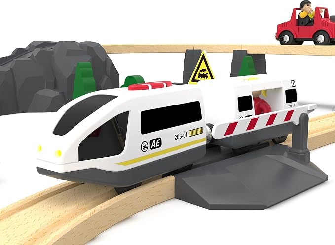 Remote Control Train for Wooden Track – White Bullet Locomotive with Opening Carriage & Action Figure, Lights & Sounds, Touch & Remote Control, Compatible with Thomas & Brio, Gift for Kids 3+