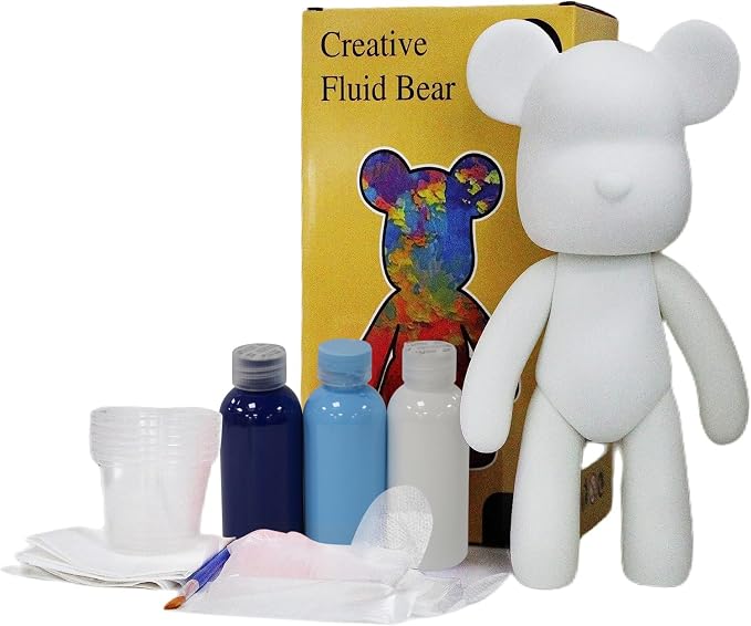 HANDA DIY Painting Fluid Bear Teddy Bear Violent Bear Gloomy Bear Painting Kit Set Creative Home Decorations Handmade Doll Figurine Toys Gift for Birthday Valentines (13.4 inch, Yellow+White+Blue)
