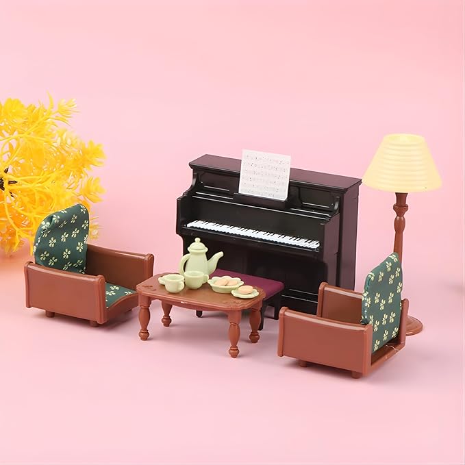 Family Dollhouse Living Room Set — Piano with Bench & Sheet Music, Two Armchairs, Coffee Table, Floor Lamp & Tea Set — Dollhouse Furniture & Accessories for Ages 3+