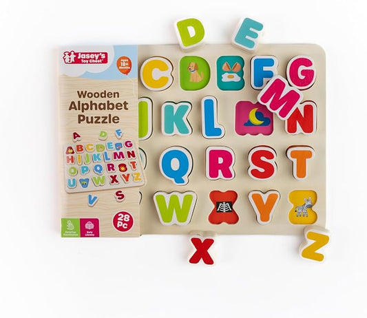 Jasey's Toy Chest Wooden Alphabet Puzzle | ABC Letter Learning Puzzle with Easy-Grip Pieces | Preschool Educational Toy for Toddlers Ages 18+ Months