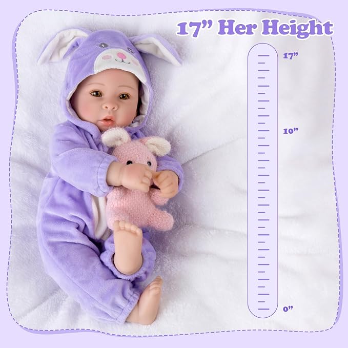 Aori Real Baby Dolls - 17 Inch Realistic Baby Doll with Soft Body & Purple Bunny Outfits for Girls 3+ Pretend Play, Dress Up, Nursery Decor
