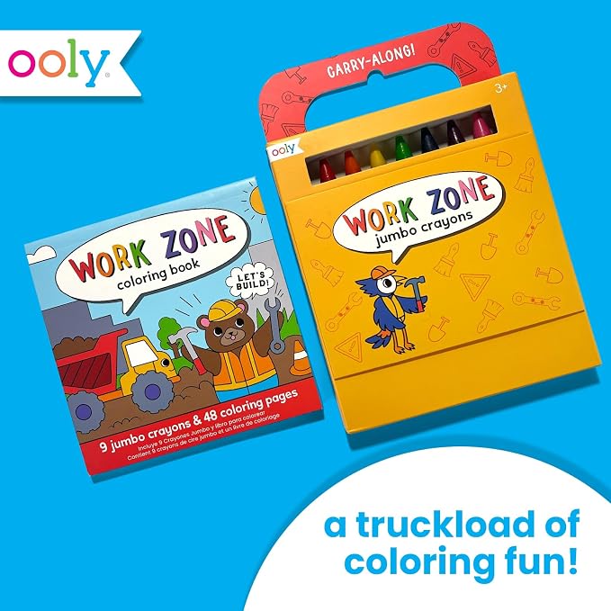Ooly Kids Travel Activity Kit – 9 Jumbo Crayons & 48 Coloring Pages, Car Crafts for Kids, Mess-Free Road Trip Art Set, Airplane Activities – Work Zone
