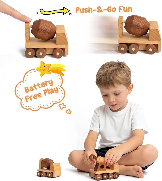 Wooden Toy Cars for 3 Year Old Boys & Girls - Construction Vehicles Set Push Toys for Toddlers, Wood Montessori Car with Rolling Wheels, Natural Wood Toys (Crane & Concrete Mixer Truck)