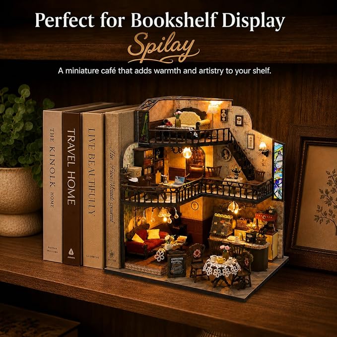 Spilay DIY Miniature House Kit for Adults, Miniature Dollhouse Building Kit | With Warm Light, Music Box & Dustproof Cover, Creative DIY Craft for Bookshelf Decor, Room Decoration & Gift Giving