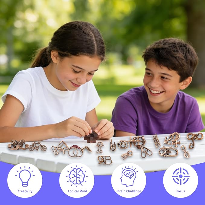 24 Pcs Brain Teaser Puzzles for Adults and Teens - Metal Puzzles 3D Puzzle Game Toys for Adults Teens - Wooden Unlock Interlocking Puzzle Adult IQ Education Smart Toys