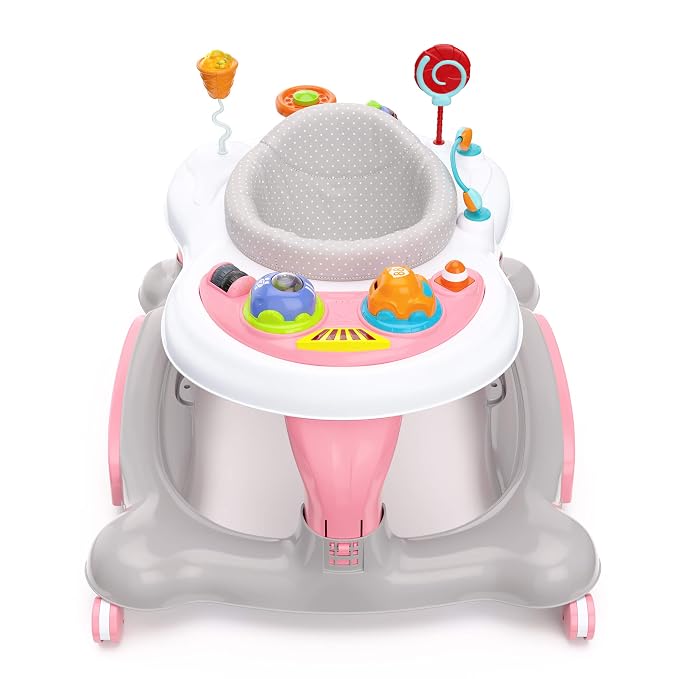 Storkcraft 3-in-1 Activity Walker and Rocker with Jumping Board and Feeding Tray, Interactive Walker for Toddlers and Infants, Pink