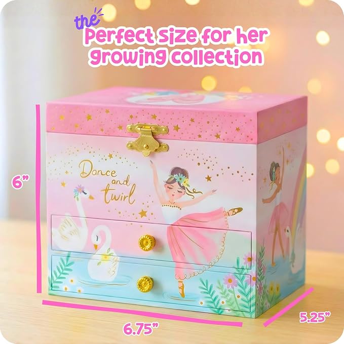 Giggle & Honey Musical Ballerina Jewelry Box for Girls - Kids Music Box with Spinning Ballerina, Ballet Birthday Gifts for Little Girls, Jewelry Boxes, 6.8 x 5.3 x 6 in - Ages 3-10, Pink