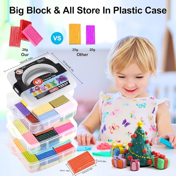 CiaraQ 60-Color Polymer Clay Oven Bake Modeling Kit for Kids & Artists | Non-sticky & non-toxic. 4.7 lb. With sculpting tools. Classroom & Home Use. Fun gift for Kids & artists. Ages 4+.