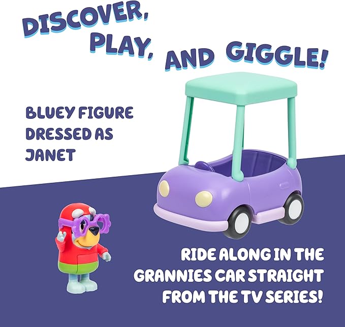 Bluey Basic Granny Toddler Toy Car, 3” Articulated Janet Kids Toy, Immersive Car Toys for Toddlers of Ages 3+