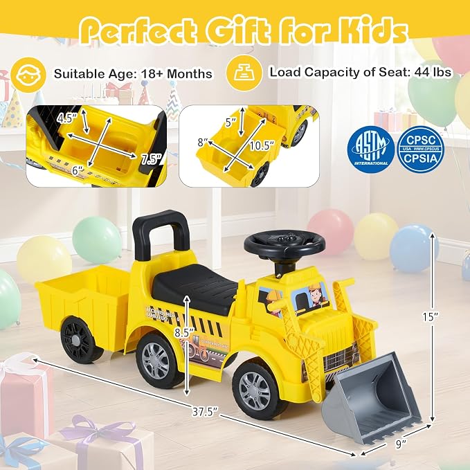 Costzon Ride on Excavator, Kids Tractor Digger Bulldozer Push Car w/Shovel, Detachable Trailer, Under-Seat Storage, DIY Stickers, Sit and Scoot Ride on Toy, Construction Car for Toddler 18+ Months