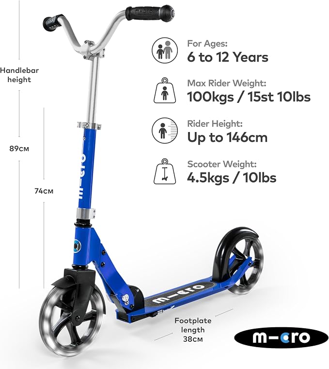 Micro Kickboard | Cruiser LED Kids Scooter for Ages 6–12 | 2 Wheel | Foldable with Kickstand | Adjustable Handlebar | Motion-Activated PU LED Wheels | Swiss Design