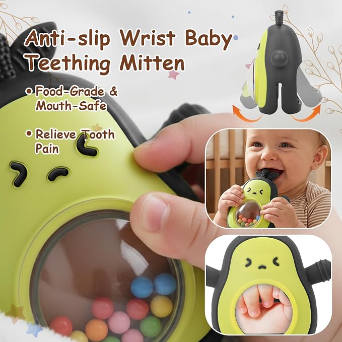 Baby Rattle Teething Toys Silicone Avocado Teething Mitten Sensory Toys for Grasping Chewing Sucking Hearing Needs-Baby Teether for Teething Relief-BPA Free Infant Toys Baby Shower Gifts (Black)