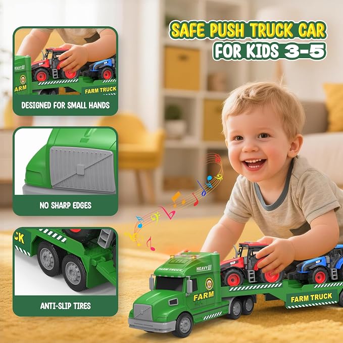 Toddler Toys for 3 4 5 6 Year Old Boys - 27" Large Semi Farm Truck Toy with 2 Tractors, 3-in-1 Friction Powered Transport Vehicle with Lights Sounds, Christmas Birthday Gifts for Boys Kids Age 3 4 5 6