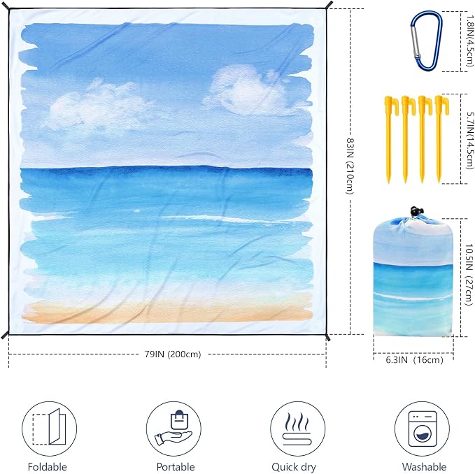 WIWIGO Beach Blanket Waterproof Sandproof Beach Mat 79" X 83"/10'x9'for 2-8 Adults Quick Drying Outdoor Picnic Mat Beach Accessories for Travel, Camping, Hiking